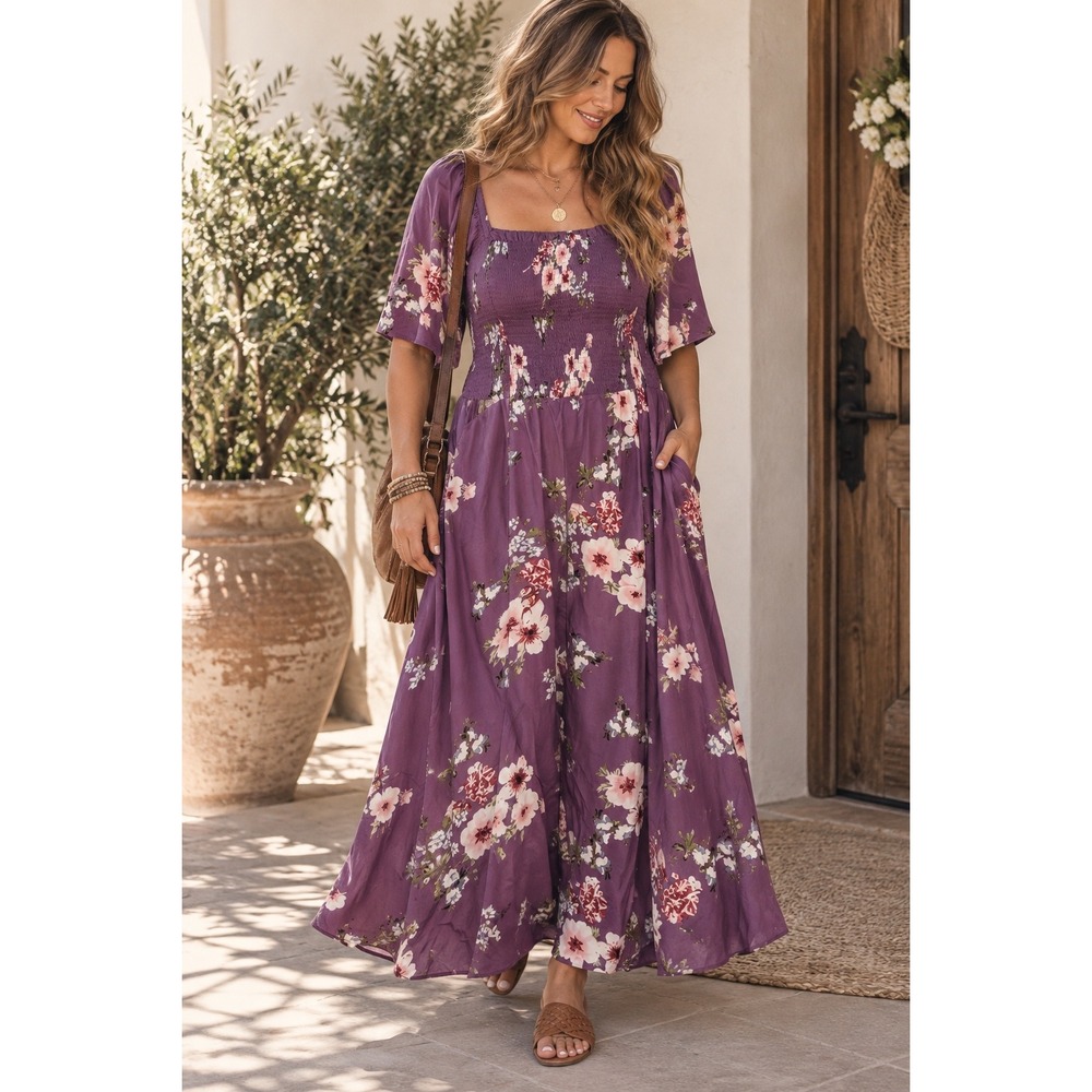BloomChic Purple Floral Smocked Maxi Dress Flutter Sleeve Plus Size 22-24